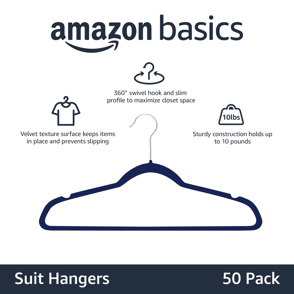 Amazon Basics Slim Velvet Non-Slip Space Saving Suit Clothes Hangers, Closet Organizer, Black, 50-Pack