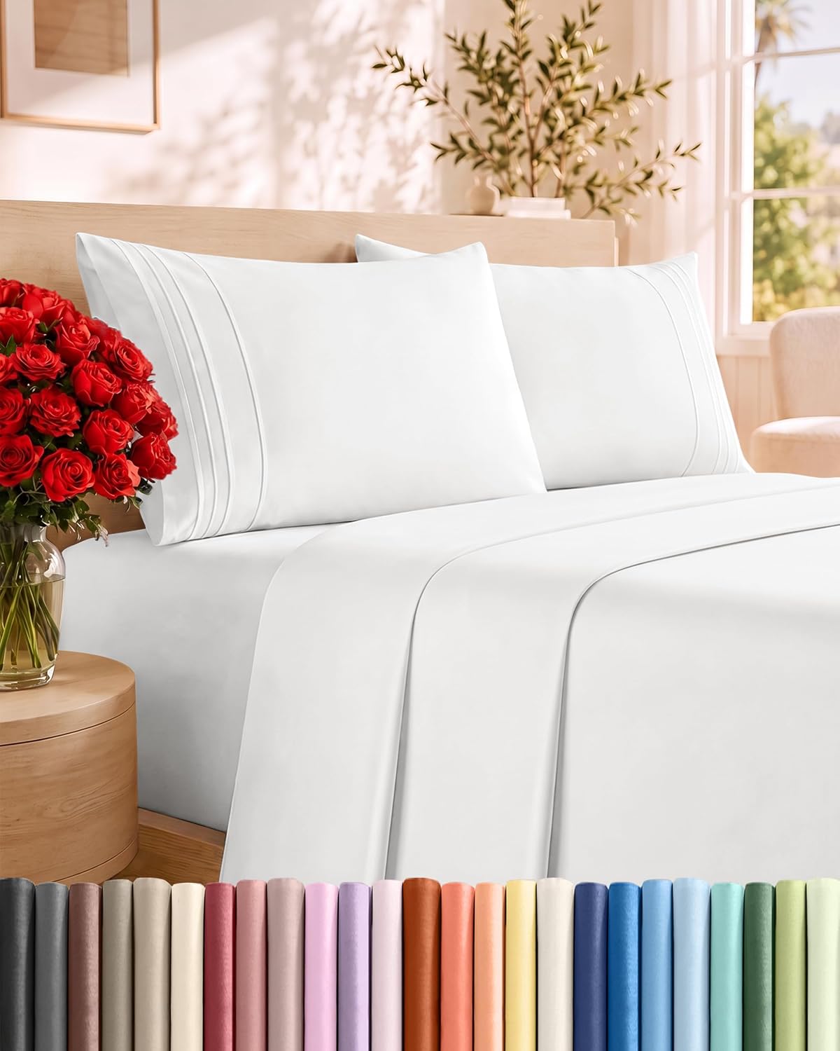 Queen Size 4 Piece Sheet Set - Comfy Breathable & Cooling Sheets - White