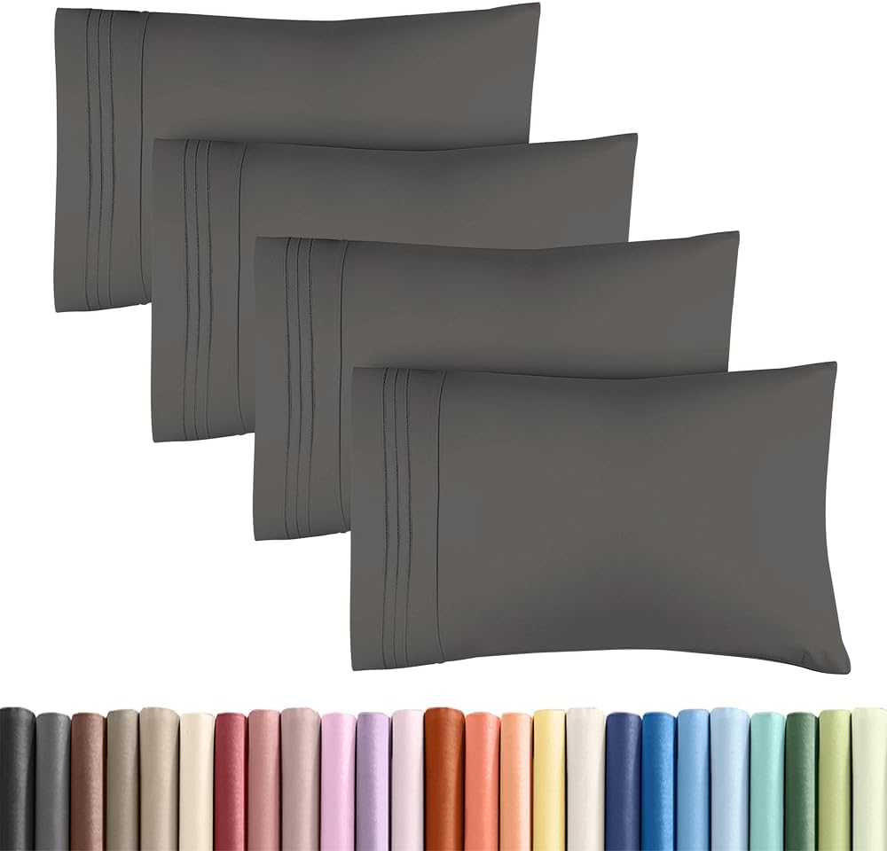 Queen Pillow Cases Set of 4 - Ultra Soft Cozy Pillowcase Covers - Charcoal