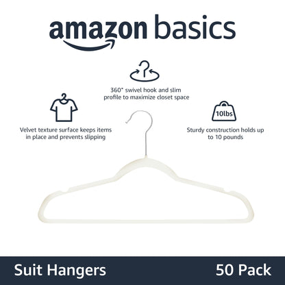 Amazon Basics Slim Velvet Non-Slip Space Saving Suit Clothes Hangers, Closet Organizer, Black, 50-Pack