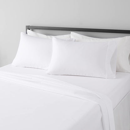 Amazon Basics Lightweight Super Soft Breathable Wrinkle-Resistant Microfiber 4-Piece Bed Sheet Set with 14-Inch Deep Pockets, Queen, Bright White, Solid