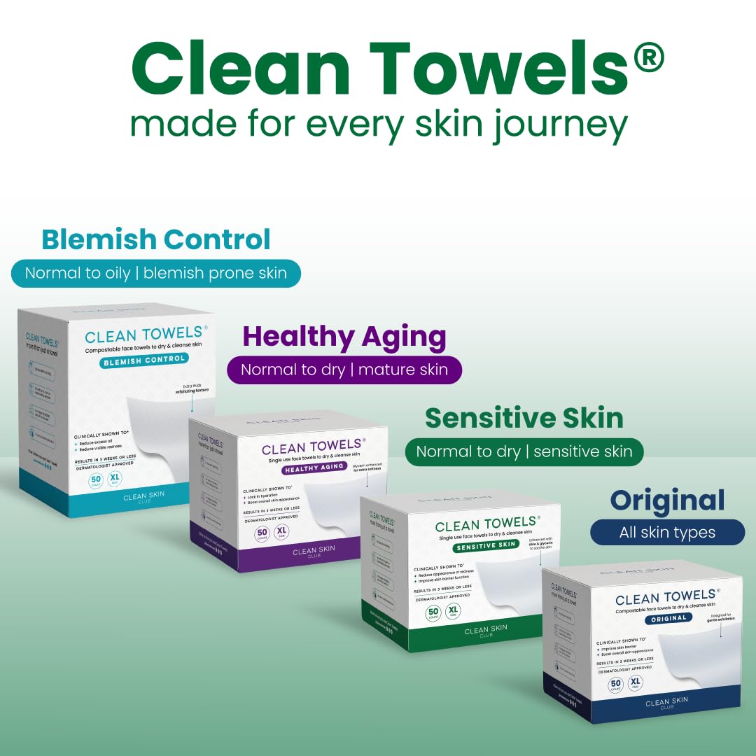 Clean Skin Club Clean Towels XL®, 100% USDA Biobased Face Towel, Disposable Face Towelette, Eczema Association Accepted, Makeup Remover Dry Wipes, Ultra Soft, 1 Pack, 50 Ct