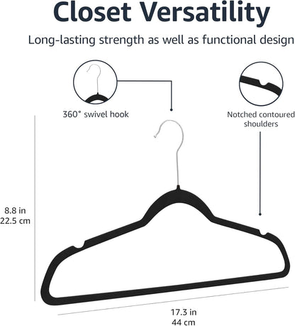 Amazon Basics Slim Velvet Non-Slip Space Saving Suit Clothes Hangers, Closet Organizer, Black, 50-Pack