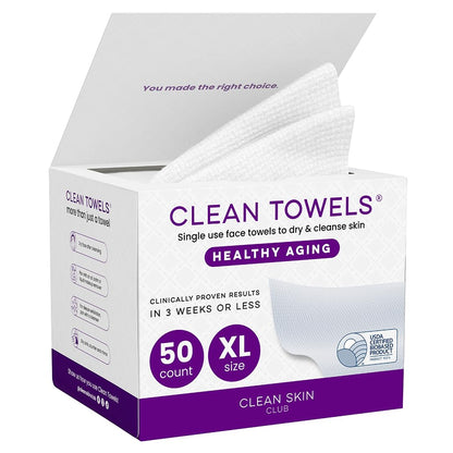 Clean Skin Club Clean Towels XL®, 100% USDA Biobased Face Towel, Disposable Face Towelette, Eczema Association Accepted, Makeup Remover Dry Wipes, Ultra Soft, 1 Pack, 50 Ct