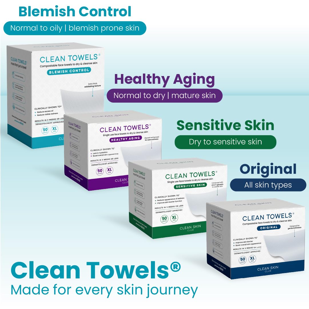 Clean Skin Club Clean Towels XL®, 100% USDA Biobased Face Towel, Disposable Face Towelette, Eczema Association Accepted, Makeup Remover Dry Wipes, Ultra Soft, 1 Pack, 50 Ct