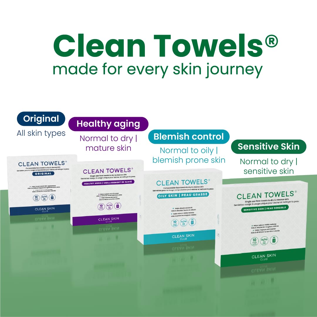 Clean Skin Club Clean Towels XL®, 100% USDA Biobased Face Towel, Disposable Face Towelette, Eczema Association Accepted, Makeup Remover Dry Wipes, Ultra Soft, 1 Pack, 50 Ct