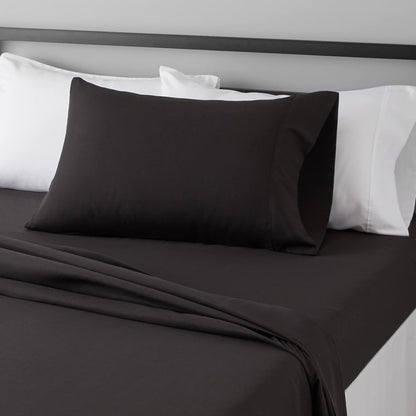 Amazon Basics Lightweight Super Soft Breathable Wrinkle-Resistant Microfiber 4-Piece Bed Sheet Set with 14-Inch Deep Pockets, Queen, Bright White, Solid
