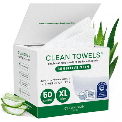 Clean Skin Club Clean Towels XL®, 100% USDA Biobased Face Towel, Disposable Face Towelette, Eczema Association Accepted, Makeup Remover Dry Wipes, Ultra Soft, 1 Pack, 50 Ct