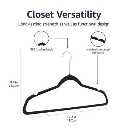 Amazon Basics Slim Velvet Non-Slip Space Saving Suit Clothes Hangers, Closet Organizer, Black, 50-Pack