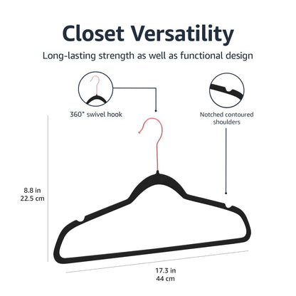 Amazon Basics Slim Velvet Non-Slip Space Saving Suit Clothes Hangers, Closet Organizer, Black, 50-Pack