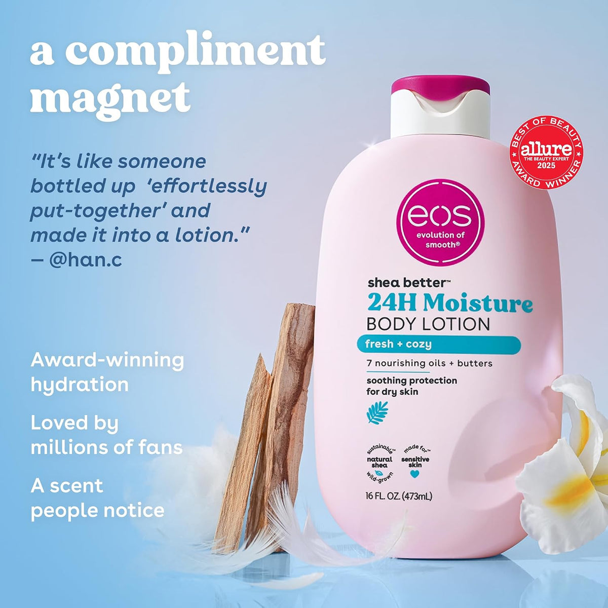 eos Shea Better Body Lotion- Vanilla Cashmere, 24-Hour Moisture, 16 fl oz