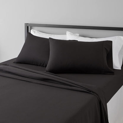 Amazon Basics Lightweight Super Soft Breathable Wrinkle-Resistant Microfiber 4-Piece Bed Sheet Set with 14-Inch Deep Pockets, Queen, Bright White, Solid