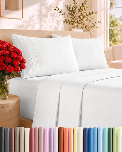 Queen Size 4 Piece Sheet Set - Comfy Breathable &amp; Cooling Sheets - White
