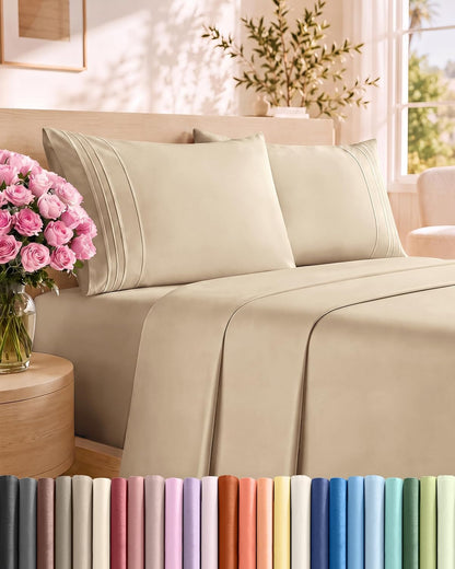 Queen Size 4 Piece Sheet Set - Comfy Breathable &amp; Cooling Sheets - White