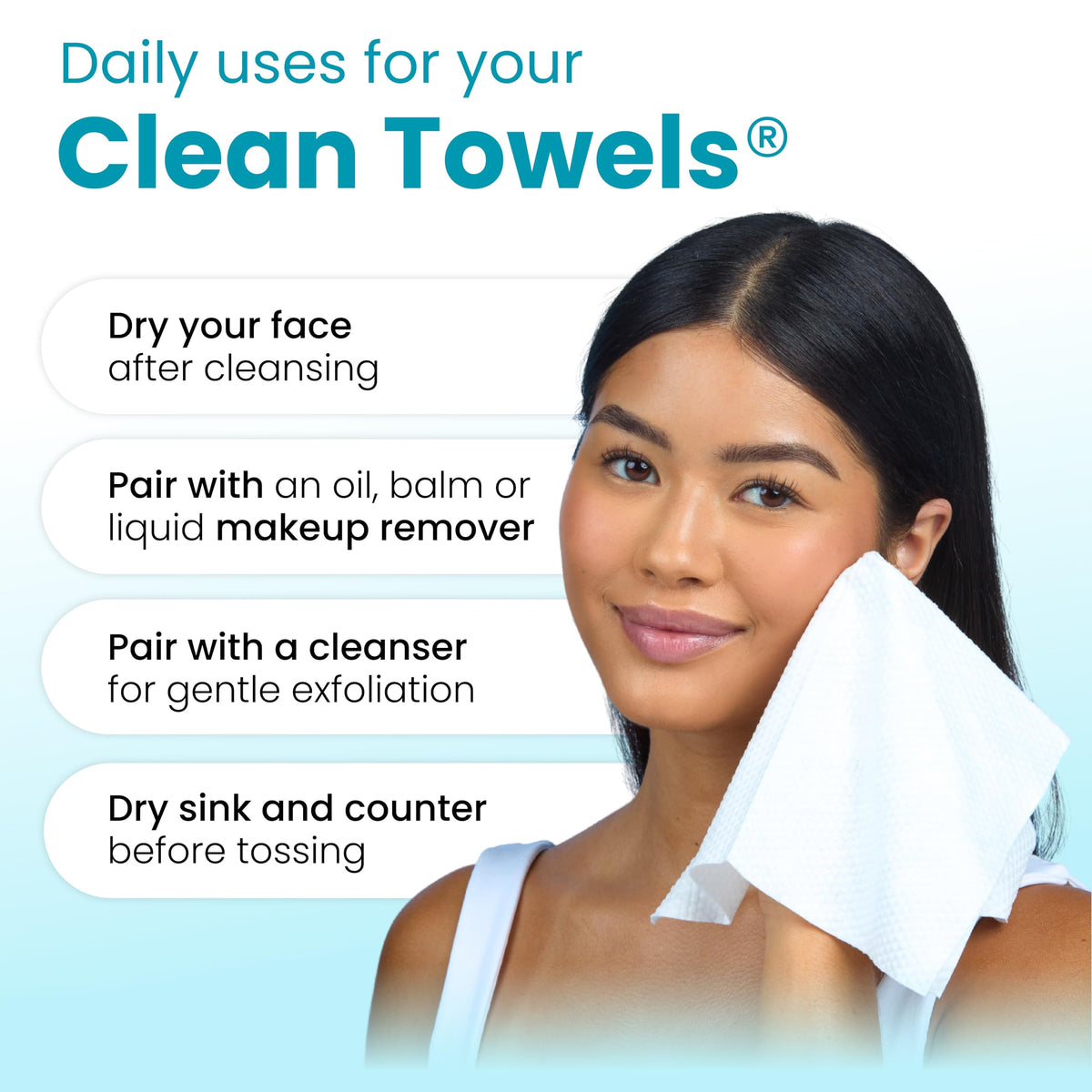 Clean Skin Club Clean Towels XL®, 100% USDA Biobased Face Towel, Disposable Face Towelette, Eczema Association Accepted, Makeup Remover Dry Wipes, Ultra Soft, 1 Pack, 50 Ct