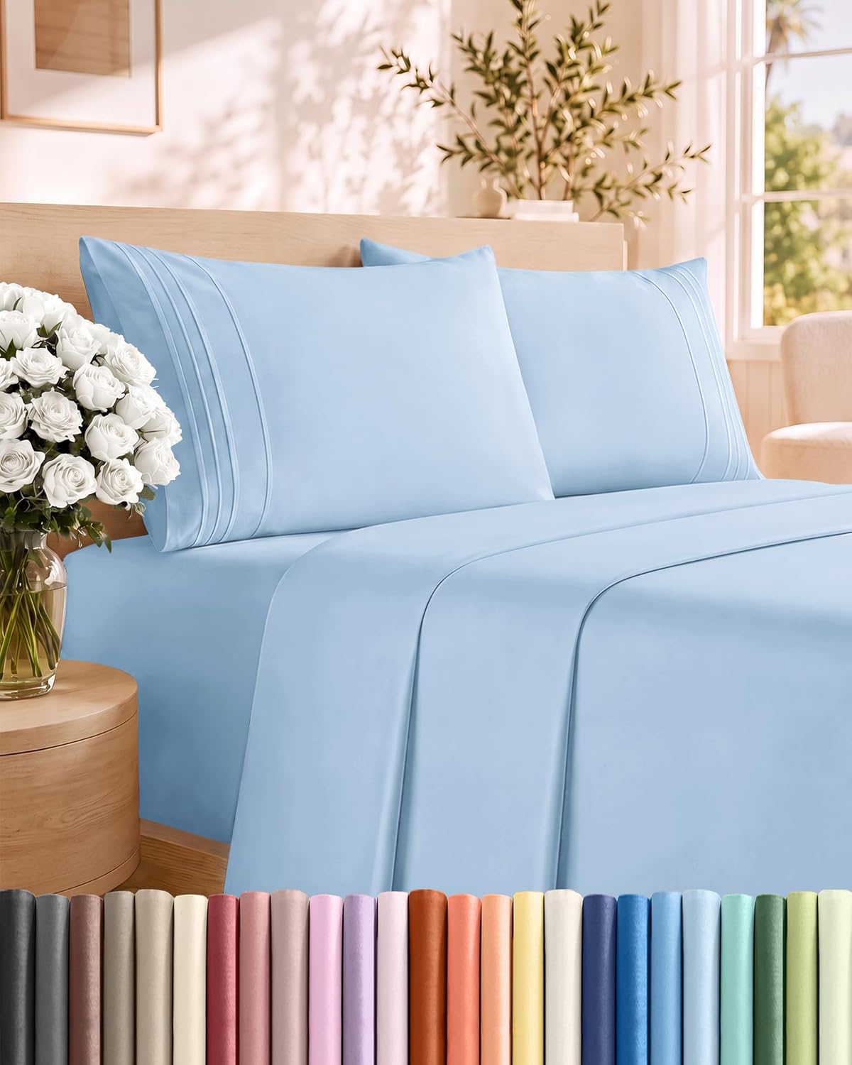 Queen Size 4 Piece Sheet Set - Comfy Breathable &amp; Cooling Sheets - White