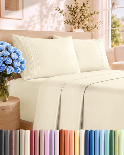 Queen Size 4 Piece Sheet Set - Comfy Breathable &amp; Cooling Sheets - White