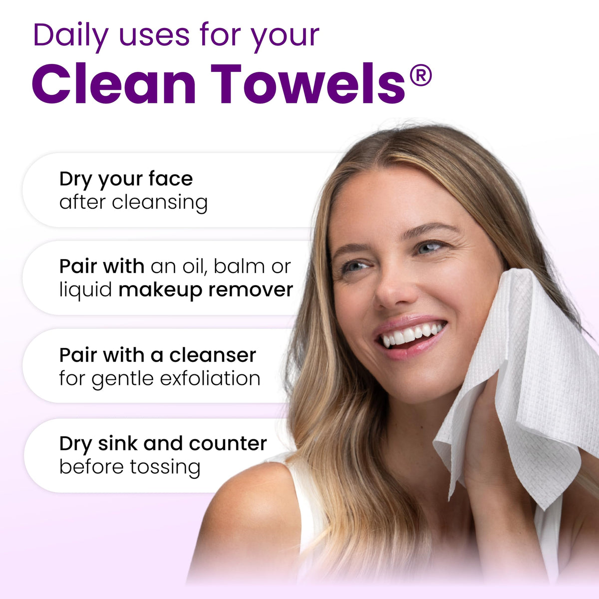 Clean Skin Club Clean Towels XL®, 100% USDA Biobased Face Towel, Disposable Face Towelette, Eczema Association Accepted, Makeup Remover Dry Wipes, Ultra Soft, 1 Pack, 50 Ct