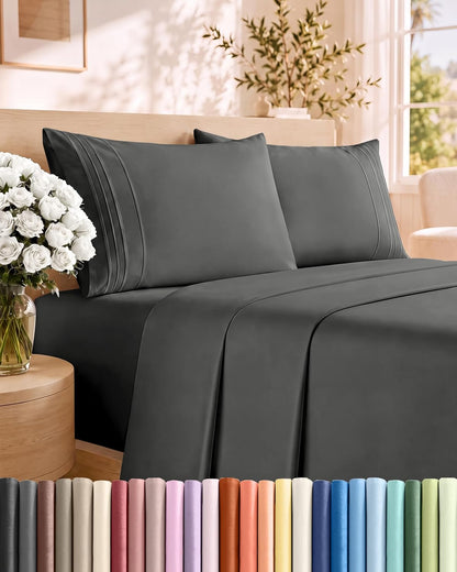 Queen Size 4 Piece Sheet Set - Comfy Breathable &amp; Cooling Sheets - White